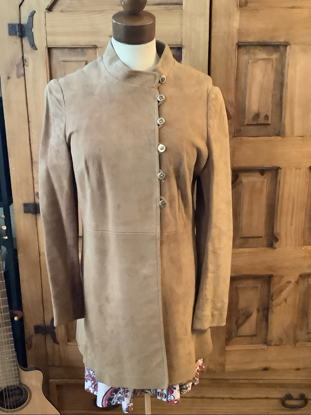 Womens Tan Suede Button-Front Coat